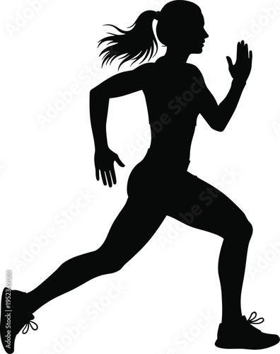 A professional black silhouette vector illustration of a fit young woman running and jogging fast isolated on a white background for sports and fitness design.