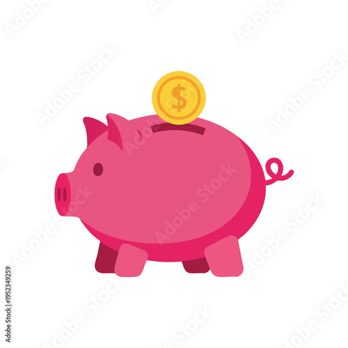 Pink piggy bank with a coin being inserted, isolated on white