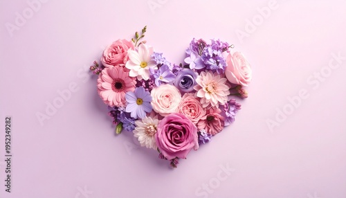 Heart shape arrangement made of various colorful flowers on a soft pink background, symbolizing love and beauty.