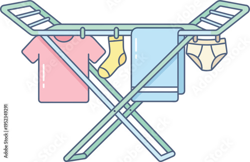 Adorable flat vector of a laundry drying rack in a neat pastel cartoon household style created as an isolated home organization icon for daily chores