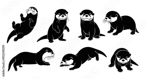 Set of Cute Otter Illustrations in Black and White, Various Poses