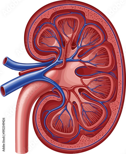 Detailed human kidney cross section vector illustration showing internal anatomy including renal cortex medulla pelvis calyx and blood vessels for medical education and science.