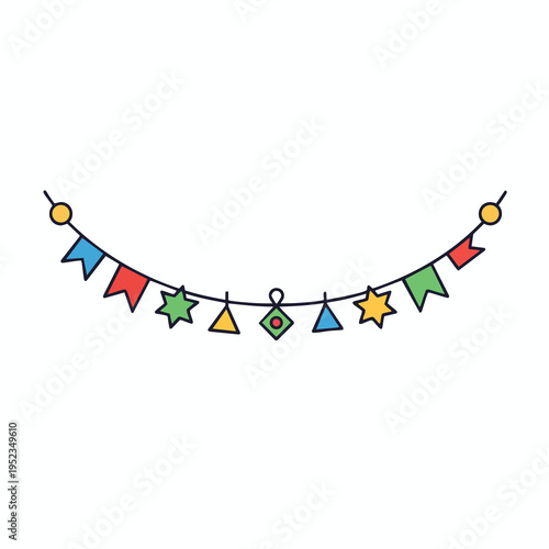 Colorful festive garland with flags, stars, and geometric shapes on white