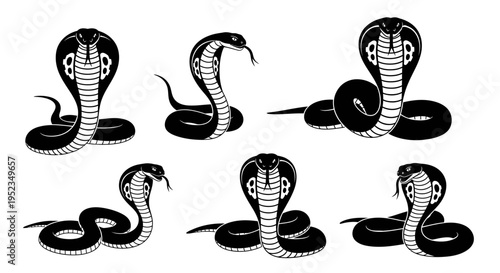 Set of Cobra Snake Silhouettes in Various Poses, Black and White Vector Illustrations