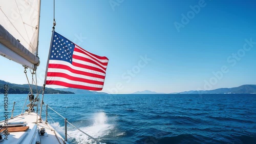 Sailboat's prow cutting through blue ocean waves. American flag waving sharply from the mast against coastal mountains. Summer travel and patriotism concept