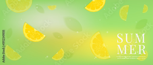 Summer banner with lemon slices on green and yellow background. Horizontal vector illustration in minimalist style for website headers, seasonal ads, and social media promotions.