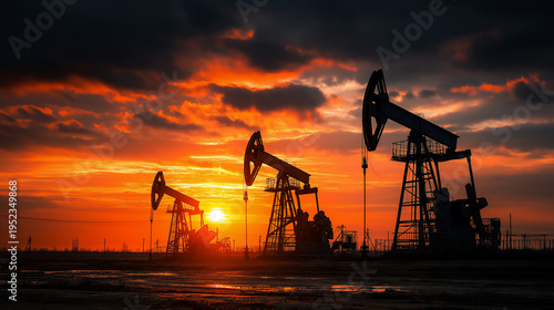 energy crisis concept in Southeast Asia, oil pumpjack silhouette against tropical sunset sky