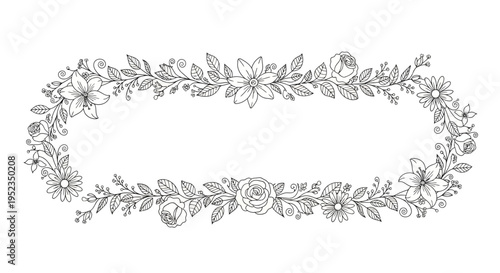 Floral wreath with leaves and flowers.