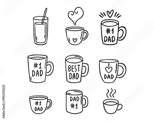 Mug set for fathers day Dad number 1 I love Dad Best Dad, hand drawn doodle line art monochrome hand drawn