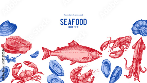 Sketch vintage seafood frame. Hand drawn vector illustration background. Salmon, crab, shrimps, lobster, oysters, squid set