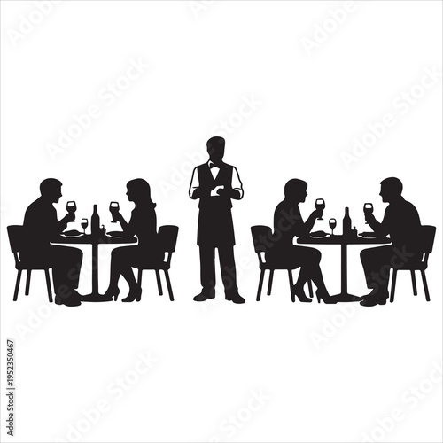 A waiter standing between two restaurant tables