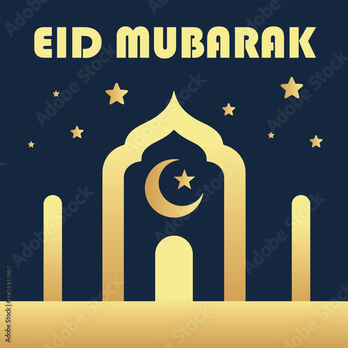 Elegant Eid Mubarak Crescent Moon Mosque Illustration