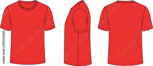 Technical fashion illustration of casual short sleeve crew neck t‑shirt design with stitching details, front, side, and back garment construction views for apparel manufacturing.