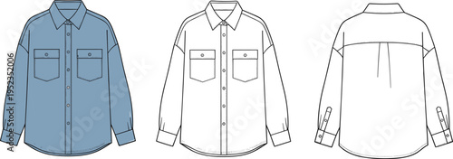 Technical fashion illustration of men’s long sleeve button‑up shirt design with collar, chest pockets, pleated back, cuffs, front and back garment construction views.