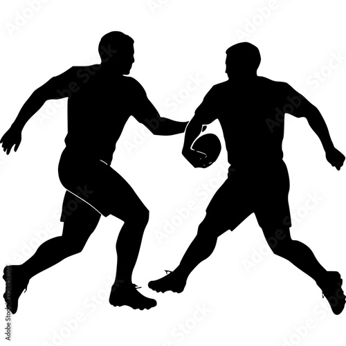 Rugby Players in Action: A dynamic silhouette of two rugby players engaged in the heat of a match. Intense moment captured with dramatic contrasts