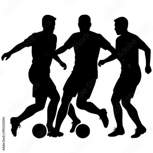 Soccer Silhouette: Three athletic soccer players engage in a dynamic interplay, silhouetted against a plain background, creating a sense of action and athletic prowess.
