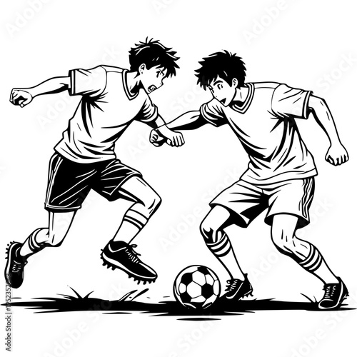 Dynamic Duo in a Soccer Showdown: A striking illustration captures a heated soccer match, showcasing two focused players locked in intense competition with the ball at their feet.