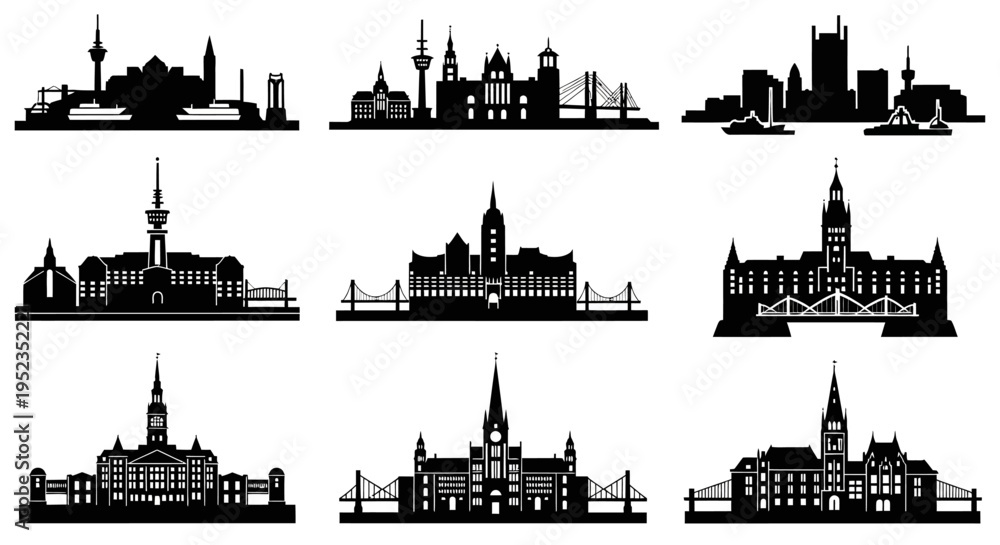 Fototapeta premium City Skylines Silhouettes: Famous Landmarks Collection