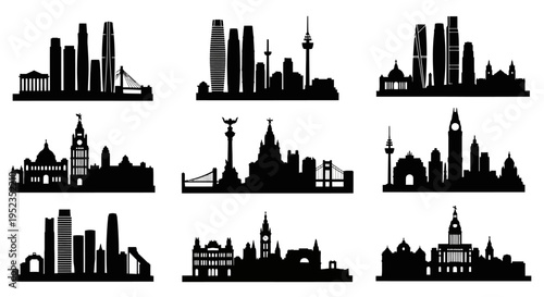 City Skylines Silhouettes: Collection of Famous Urban Landmarks
