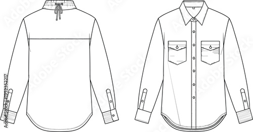 Technical fashion illustration of men’s long sleeve button‑up shirt design with collar, chest pockets, striped cuffs, pleated back, yoke, and garment construction views.