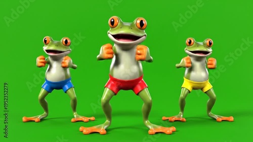 Three cheerful cartoon frogs dancing in swim shorts on a vibrant green background, animated for fun and celebration, perfect for kids content motion footage