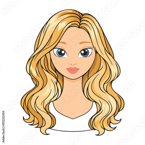 Cute blonde girl face with long wavy hair and blue eyes cartoon female avatar portrait illustration.