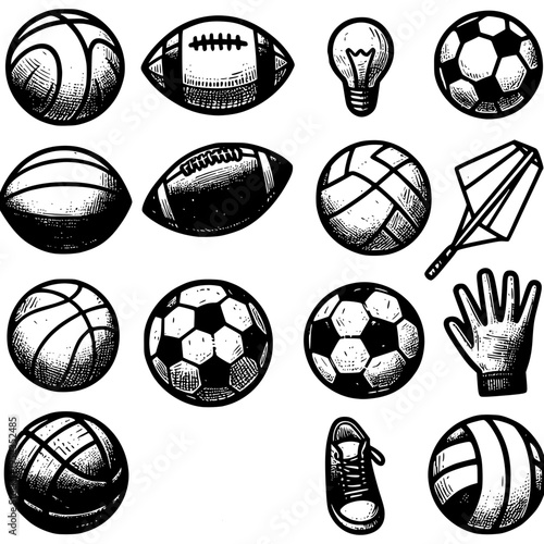 Sports Icon Assortment: A diverse collection of illustrated sports equipment, each drawn with intricate detail, symbolizing the various sports. Representing the spirit of competition and recreation.