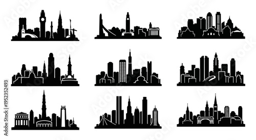 Cityscape Silhouettes Collection: Diverse Skylines of Famous Landmarks and Modern Architecture