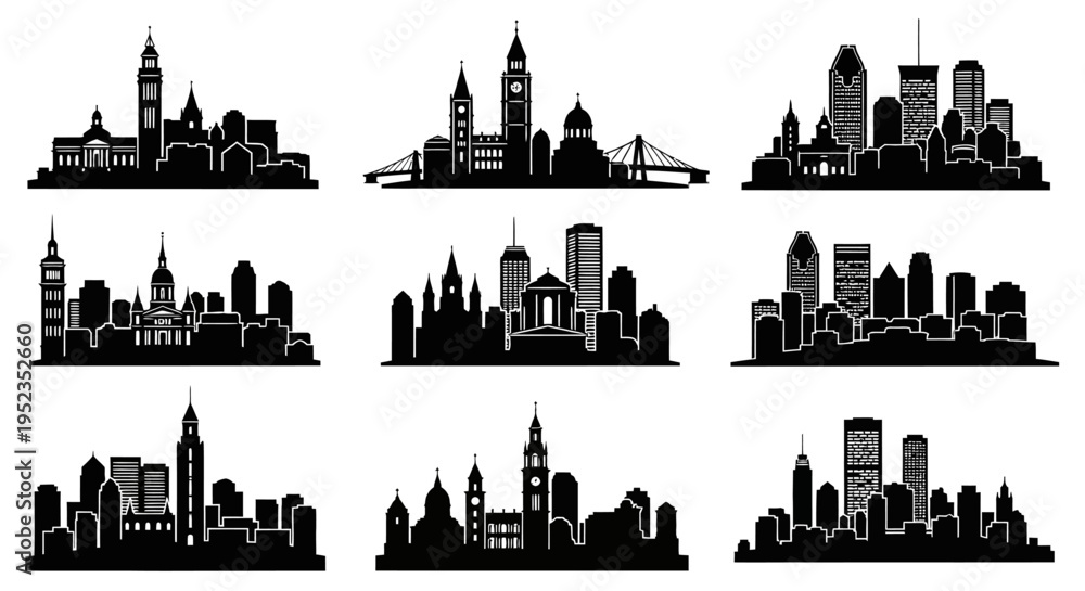 Obraz premium Cityscape Silhouettes Collection: Diverse Urban Skylines in Black and White
