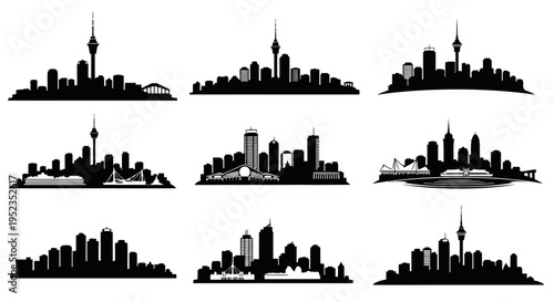Cityscape Silhouettes Collection: Diverse Urban Skylines in Black and White