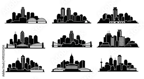Cityscape Silhouettes Collection: Diverse Urban Skylines in Black and White