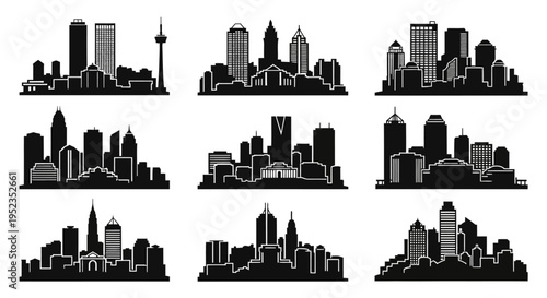 Cityscape Silhouettes Collection: Diverse Urban Skylines in Black and White