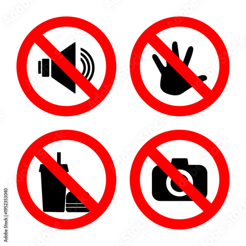 Prohibition signs set with no sound no touch no food no drink and no camera icons on white background