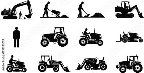 Construction and farming worker silhouettes set with excavator, tractor, loader and manual labor scenes, heavy equipment operators and activities isolated vector illustration collection