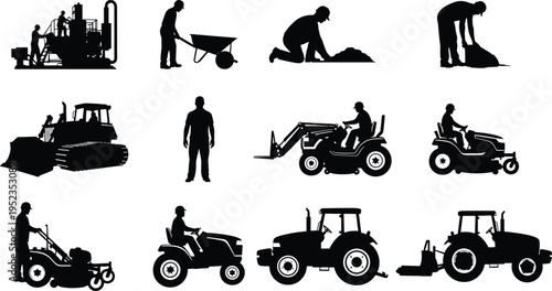 Construction and farming workers silhouettes set with tractor operators, bulldozer, loader and manual labor scenes, industrial and agricultural activities isolated vector illustration collection