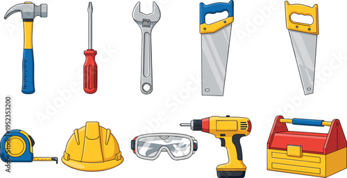 Construction tools and safety equipment set with hammer, screwdriver, wrench, saw, drill, helmet and toolbox, building and repair kit isolated vector illustration for maintenance and DIY work