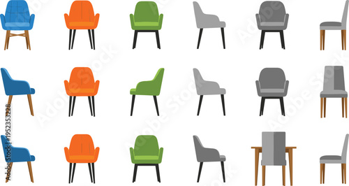 Modern chair collection with upholstered dining and armchair designs, colorful seating furniture set, contemporary interior decor elements isolated vector illustration for home and office design