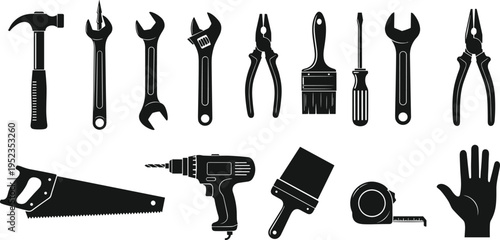 Hand tools collection with hammer, wrenches, pliers, screwdriver, saw and drill, construction equipment set isolated vector illustration for repair, maintenance and DIY work design