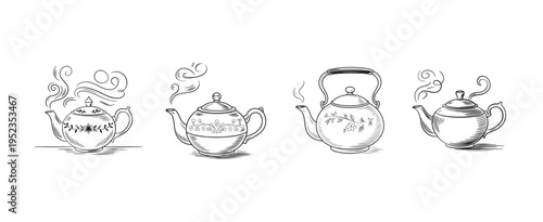 Sketch of Classic Teapot and Tea Kettle with Hot Steam
