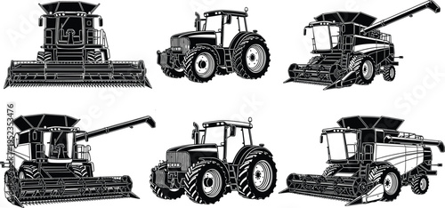 Tractor and combine harvester set with modern agricultural machinery, farming vehicles collection isolated vector illustration for agriculture, harvest operations and rural equipment design