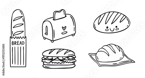 Bread and toast set baguette sandwich toaster and fresh loaf line art outline, monochrome hand drawn.