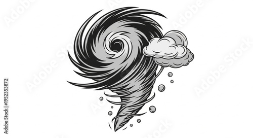 Monochrome Tornado Illustration with Cloud and Debris.