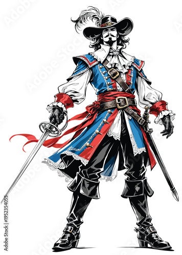 074-04-Musketeer swordsman standing with rapier and dagger, wearing period costume and feathered hat