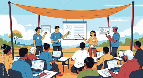 Diverse group attends outdoor educational workshop session.