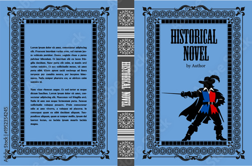 074-06-Book cover design featuring a musketeer silhouette in a decorative frame for a historical novel