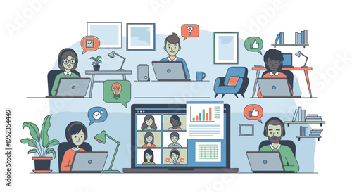 Diverse group of people collaborating remotely using laptops and video conferencing.