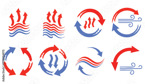Red and blue arrow. Air heat and cold wave, warm and cooling wind circle. Flow direction, hot current hvac conditioner icon. Ventilation arrows, airflow stream motion speed signs. Vector isolated set