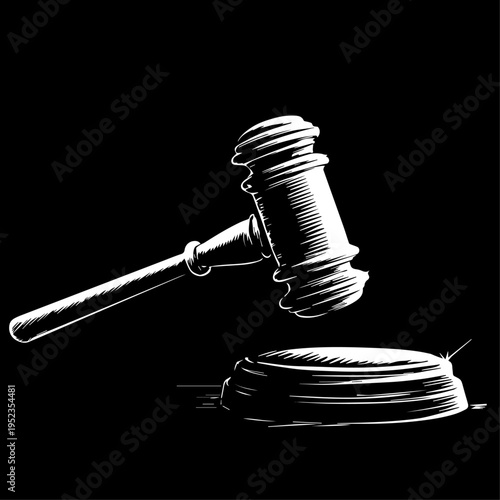 vector illustration of white Wooden gavel and sound block isolated on black background