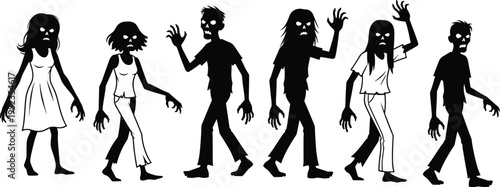 Cartoon zombie silhouettes in various creepy poses with tattered clothing, hollow eyes, and staggering movements, perfect for Halloween artwork, horror design, and spooky illustration projects.
