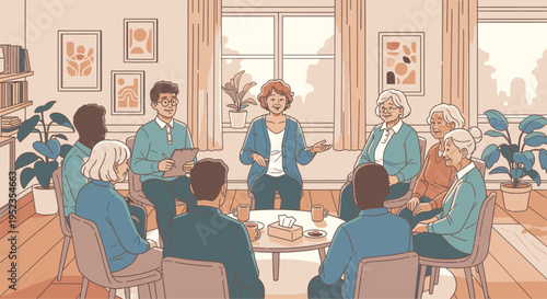 Diverse group of people in a support group session.